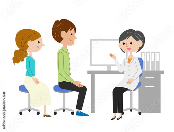 Obraz 診察室で女性医師に説明を受ける若い夫婦