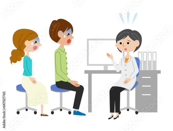 Obraz 診察室で女性医師に説明を受けてショックを受ける若い夫婦