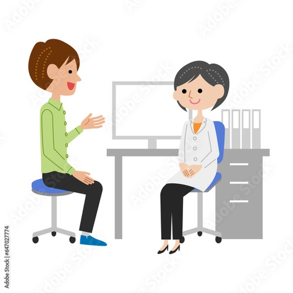 Obraz 診察室で女性医師に説明する若い男性