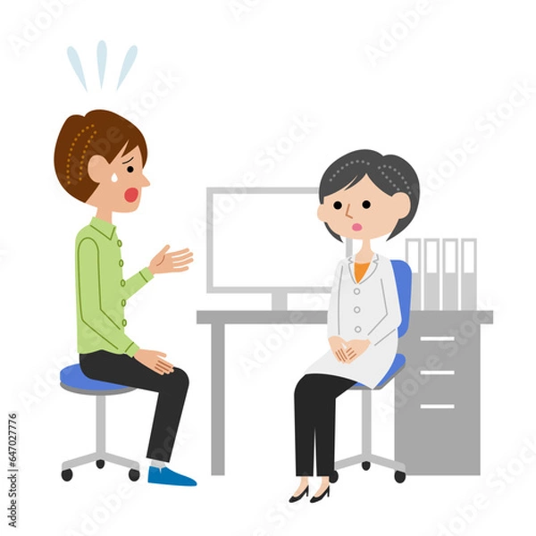 Obraz 診察室で女性医師に不安を話す若い男性