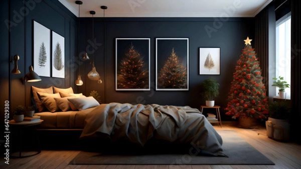 Fototapeta The interior of the master bedroom of an apartment decorated in December for winter, featuring a Christmas tree adorned with ornaments and some Christmas-themed paintings