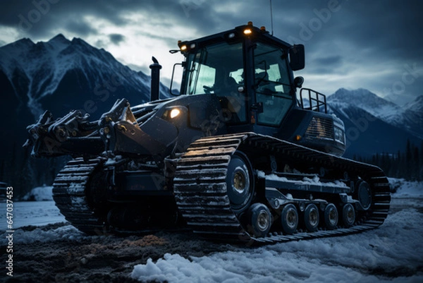 Fototapeta Snowcat Grooming The Slopes Under, Generative AI