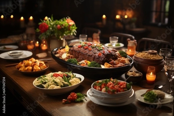 Fototapeta Grand Chinese New Year Banquet Table, Generative AI