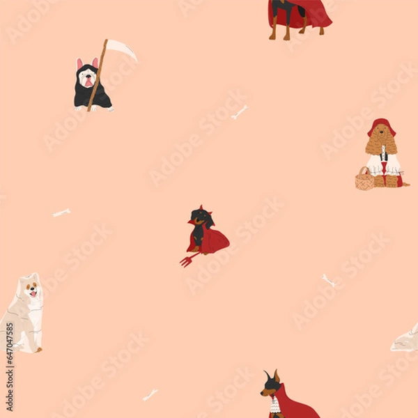 Obraz Halloween seamless pattern with dogs in cute halloween costumes. Devil, ghost, vampire and grim reaper. Trick or treat. Happy Halloween vector illustration. Ideal for holiday cards, decorations and