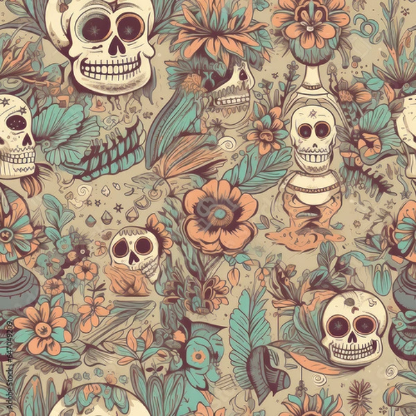Fototapeta Day of the Dead, Dia De Muertos, Halloween Seamless Patterns