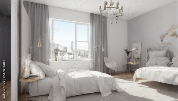 Fototapeta モダンな灰色のリラックスと白いベッドの誘惑