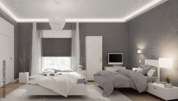 Fototapeta 白い夢の中で灰色のベッドとモダンなランプ
