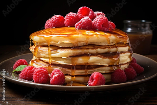 Fototapeta A stack of pancakes with syrup and raspberries