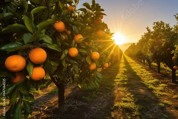Fototapeta Generative ai of orange grove and lush orange trees. Thick and dense, stretching to the horizon.