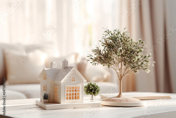 Fototapeta A house model in table for house owner dreamer, Generative Ai