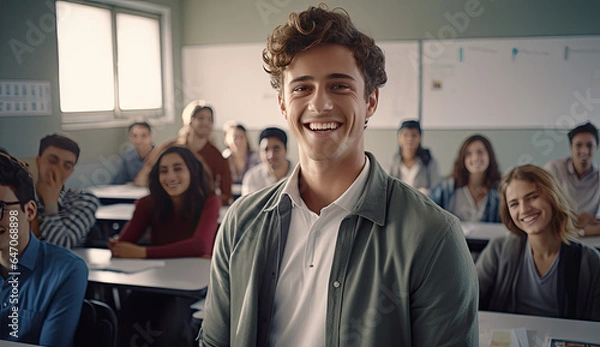 Fototapeta Junger mann steht vor einer Klasse von Studenten