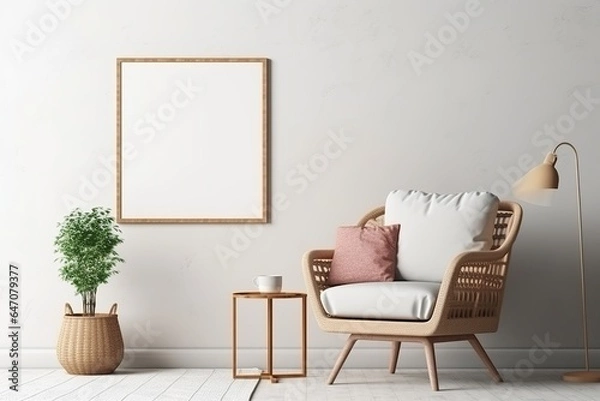 Fototapeta Wicker chair and floor vases near the white wall with the blank mockup poster frame. Boho interior design