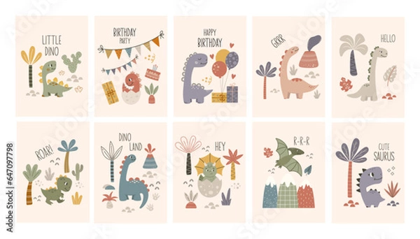 Fototapeta Set of dinosaur cards. Dinosaur vector illustration. Dino lettering quotes, funny phrase. Cute cartoon dinosaurs on a light background. Happy Birthday cards collection with quote.