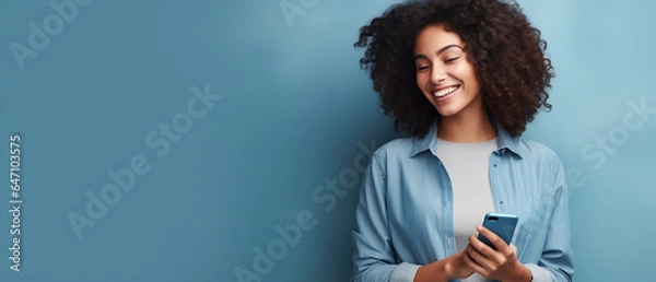 Fototapeta woman texting on cell phone Over  Blue Background 