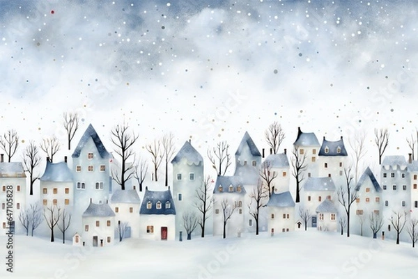 Obraz White watercolor winter Christmas background with many small trees and houses Generative AI