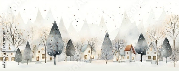 Obraz White watercolor winter Christmas background with many small trees and houses Generative AI