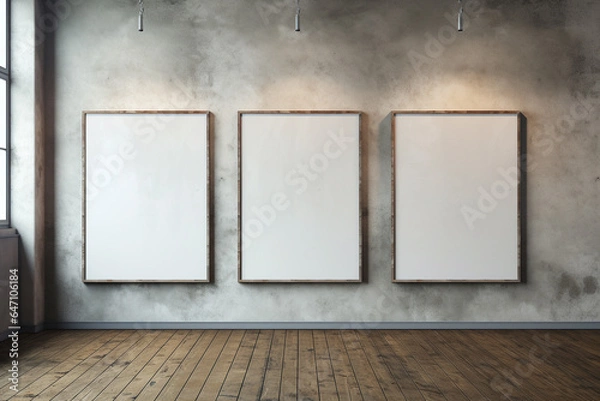 Obraz Three blank frames hanging on gray wall for presentation and mock up