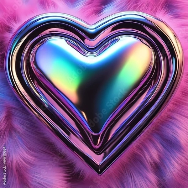 Fototapeta Heart in Y2K Aesthetic style. Pink and blue colors with metalic and chrome texture.