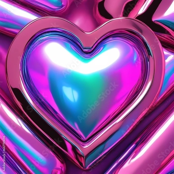 Fototapeta Heart in Y2K Aesthetic style. Pink and blue colors with metalic and chrome texture.