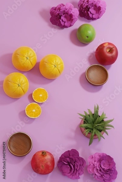 Fototapeta Fruits composition, oranges, pomegranate, apple, lemon on pink, 3d render
