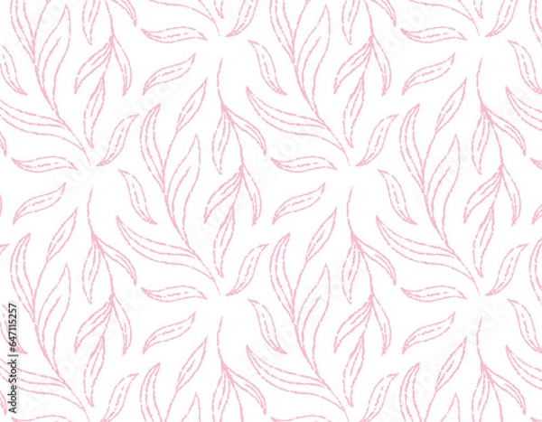 Fototapeta Seamless vector pattern of leaves, line flowers on a transparent background, delicate botanical leaves, vector.