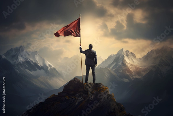 Fototapeta Backlit businessman with flag standing on mountain top.Sky background.Leadership and victory concept.