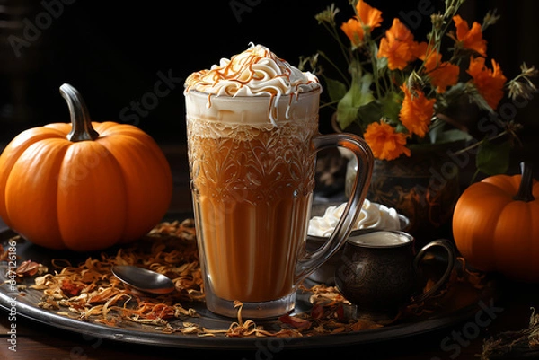 Fototapeta Generative AI - A cup with seasonal pumpkin coffee 