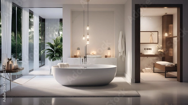 Fototapeta Immerse yourself in the luxury of a modern bathroom retreat. The photograph captures a spa-like space with sleek fixtures, a freestanding tub, and soft ambient lighting and inviting relaxation.