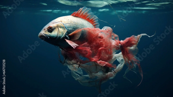 Fototapeta fish in the water entangled in waste plastic thrown away by people, caring for the environment, recycling waste