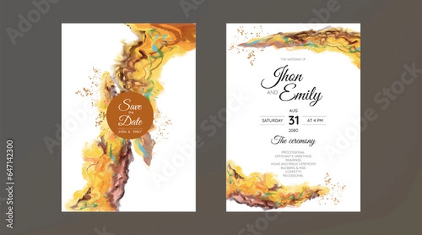 Fototapeta Set of Wedding Invitation, watercolor textures and fake gold splashes for a luxurious touch