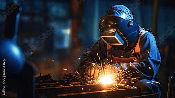 Fototapeta Worker or Welder wear safety gear who perform arc welding in the factory. Generative Ai
