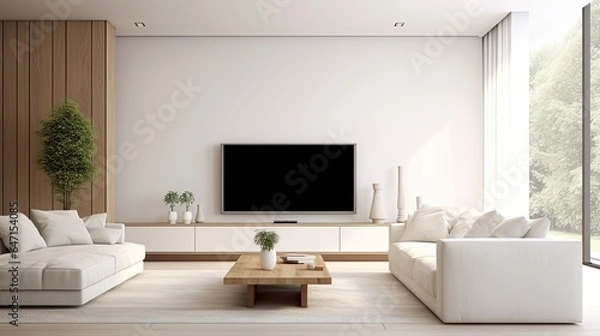 Fototapeta Modern minimalist living room with TV and beige sofa.