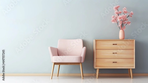 Fototapeta Interior of minimal living room with wooden chair, chest of drawers and vase with flowers near the wall, extremely modern and minimalistic style, Sweet home, relax, window light, Generative AI.