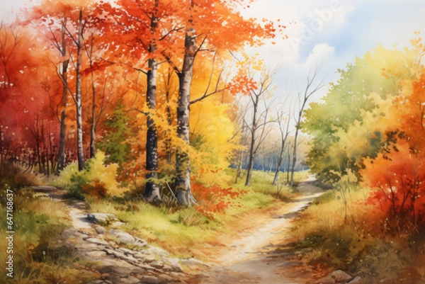 Fototapeta Watercolor Autumn leaves abstract background, Colorful foliage in path