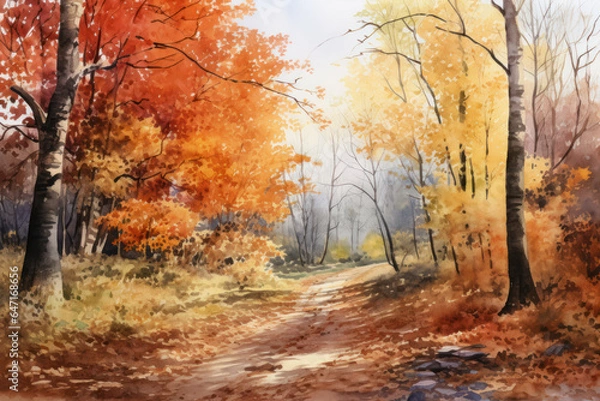 Fototapeta Watercolor Autumn leaves abstract background, Colorful foliage in path