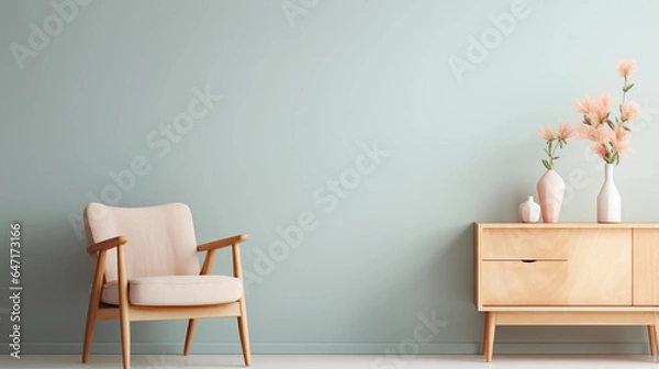 Fototapeta Interior of minimal living room with wooden chair, chest of drawers and vase with flowers near the wall, extremely modern and minimalistic style, pastel house, moody, window light, Generative AI.