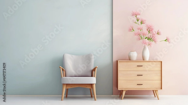 Fototapeta Interior of minimal living room with wooden chair, chest of drawers and vase with flowers near the wall, extremely modern and minimalistic style, pastel house, moody, window light, Generative AI.