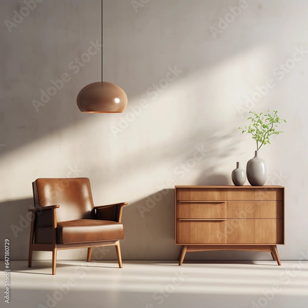 Fototapeta Interior of minimal living room with wooden chair, chest of drawers and vase with flowers near the wall, extremely modern and minimalistic style, grunge wallpaper, window light, Generative AI.