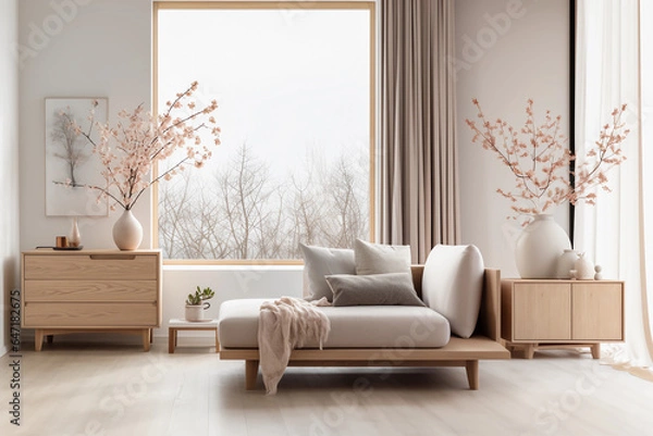 Fototapeta Interior of minimal living room with couch, chest of drawers and vase with pink flowers near the wall, white house, comfortable corner, window light, Generative AI.