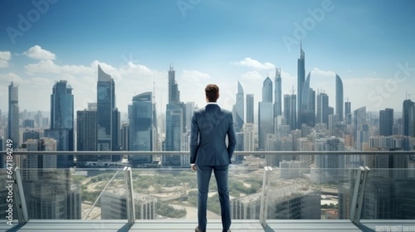 Fototapeta Back view businessman looking at city. Generative AI technology.