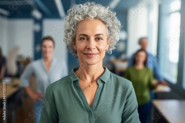Fototapeta Senior business woman with gray hair standing and looking at camera in office. Work team behind. AI Generative