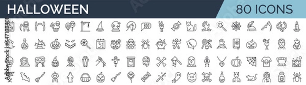 Fototapeta Set of 80 outline icons related to halloween. Linear icon collection. Editable stroke. Vector illustration