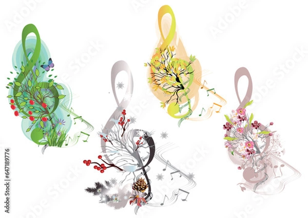 Obraz Abstract treble clef decorated with summer, autumn, winter and spring decorations: flowers, leaves, notes, birds. Hand drawn musical vector illustration.