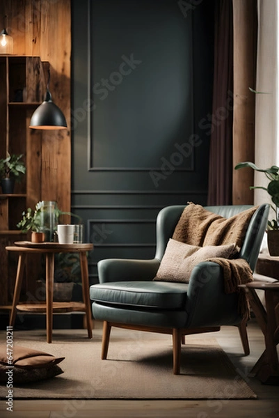 Fototapeta Wing chair near rustic wooden coffee table. Interior design of scandinavian living room with frames. Image created using artificial intelligence.