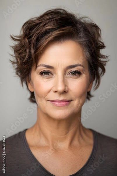 Fototapeta Beautiful gorgeous 30 mid aged mature woman with brown short hair looking at camera isolated on white. Image created using artificial intelligence.