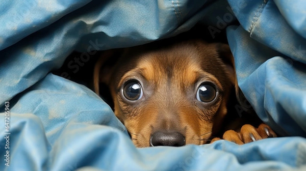 Obraz Scared dog hiding with a fearful expression.