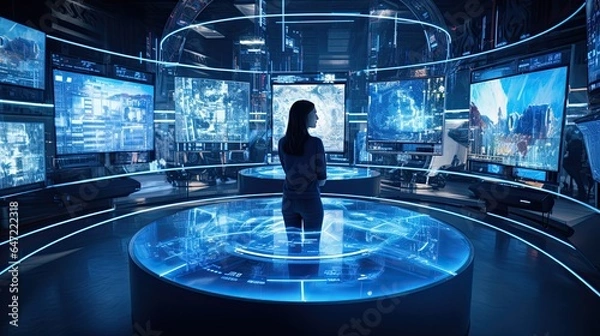 Fototapeta Model surrounded by floating digital screens, showcasing a command center feel, set in a tech hub