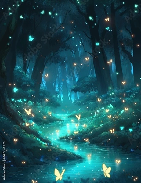 Fototapeta The forest at night often comes alive with the enchanting presence of glowing fireflies. These bioluminescent insects light up the darkness with their soft, flickering lights, creating a mesmerizing s
