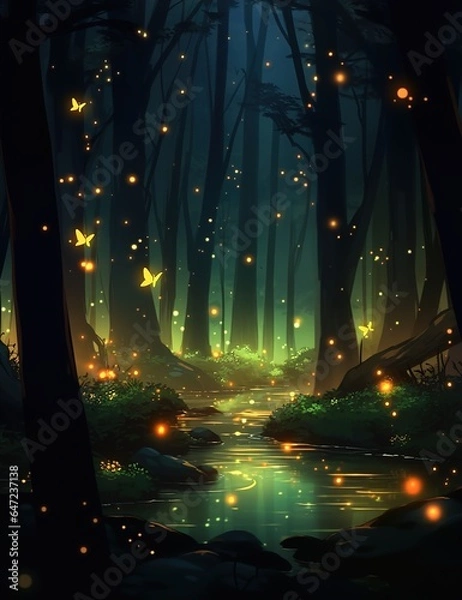 Fototapeta The forest at night often comes alive with the enchanting presence of glowing fireflies. These bioluminescent insects light up the darkness with their soft, flickering lights, creating a mesmerizing s