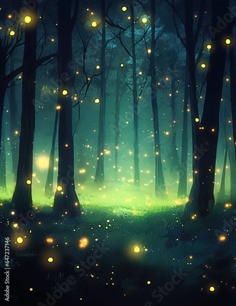 Fototapeta The forest at night often comes alive with the enchanting presence of glowing fireflies. These bioluminescent insects light up the darkness with their soft, flickering lights, creating a mesmerizing s